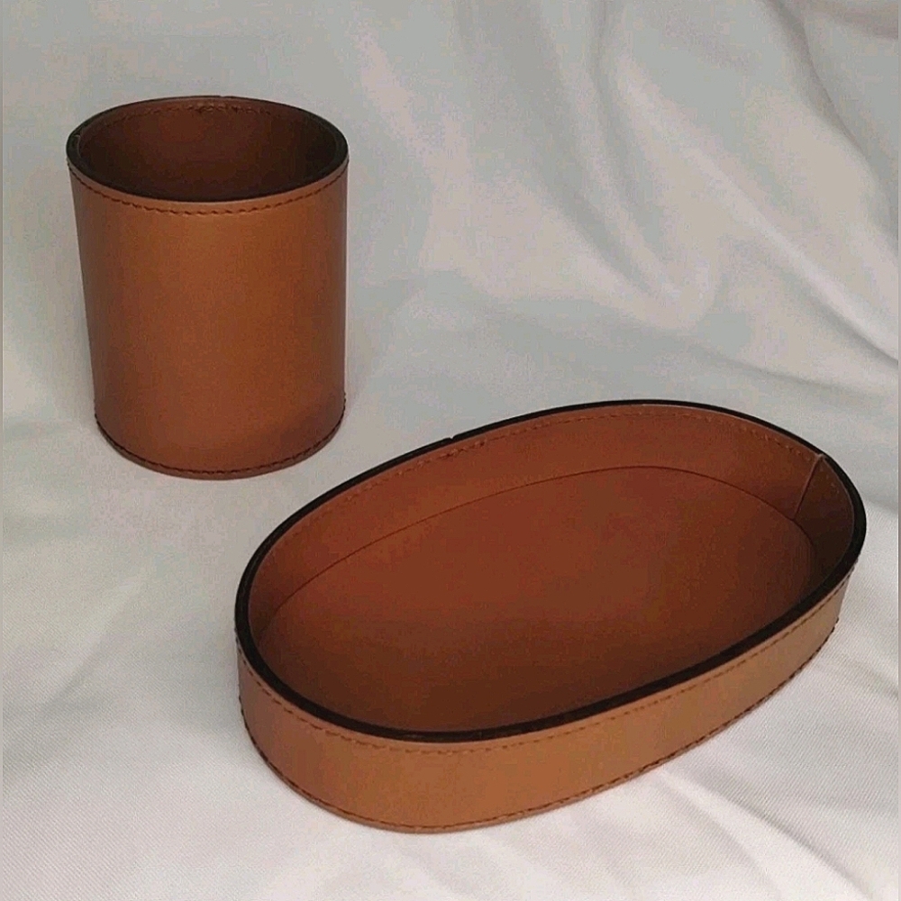 Rudi Rabitti Saddle Leather Desk Set Pen Holder Tray Office Caramel Brown Italy
